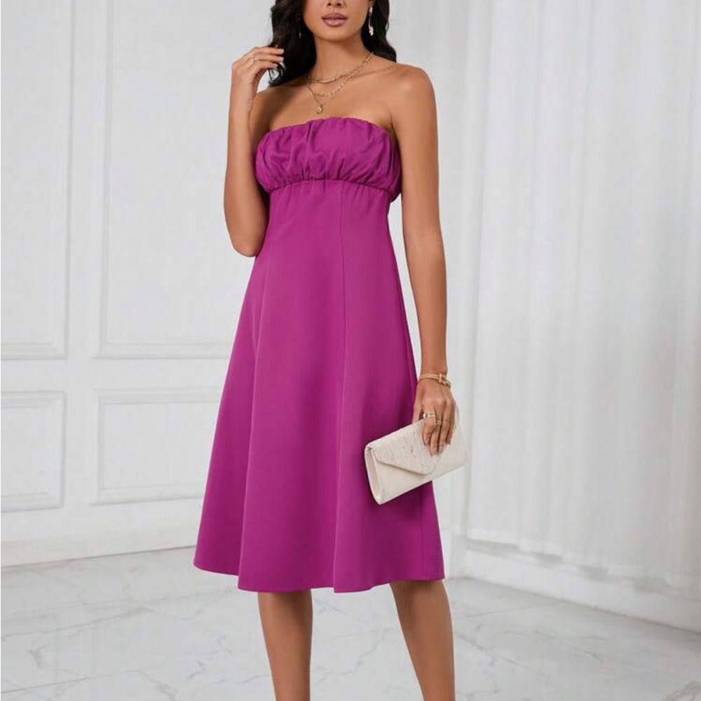 Fuchsia Ruched Bust Tube strapless midi dress - Picture 4 of 5